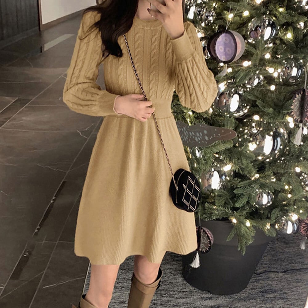 ケーブル編み ニット ミニワンピース 長袖 レディース 秋冬 韓国 大人 かわいい きれいめ おしゃれ フェミニン Aライン ハイウエスト ウエストマーク ワンピース 大人可愛い 大人女子
