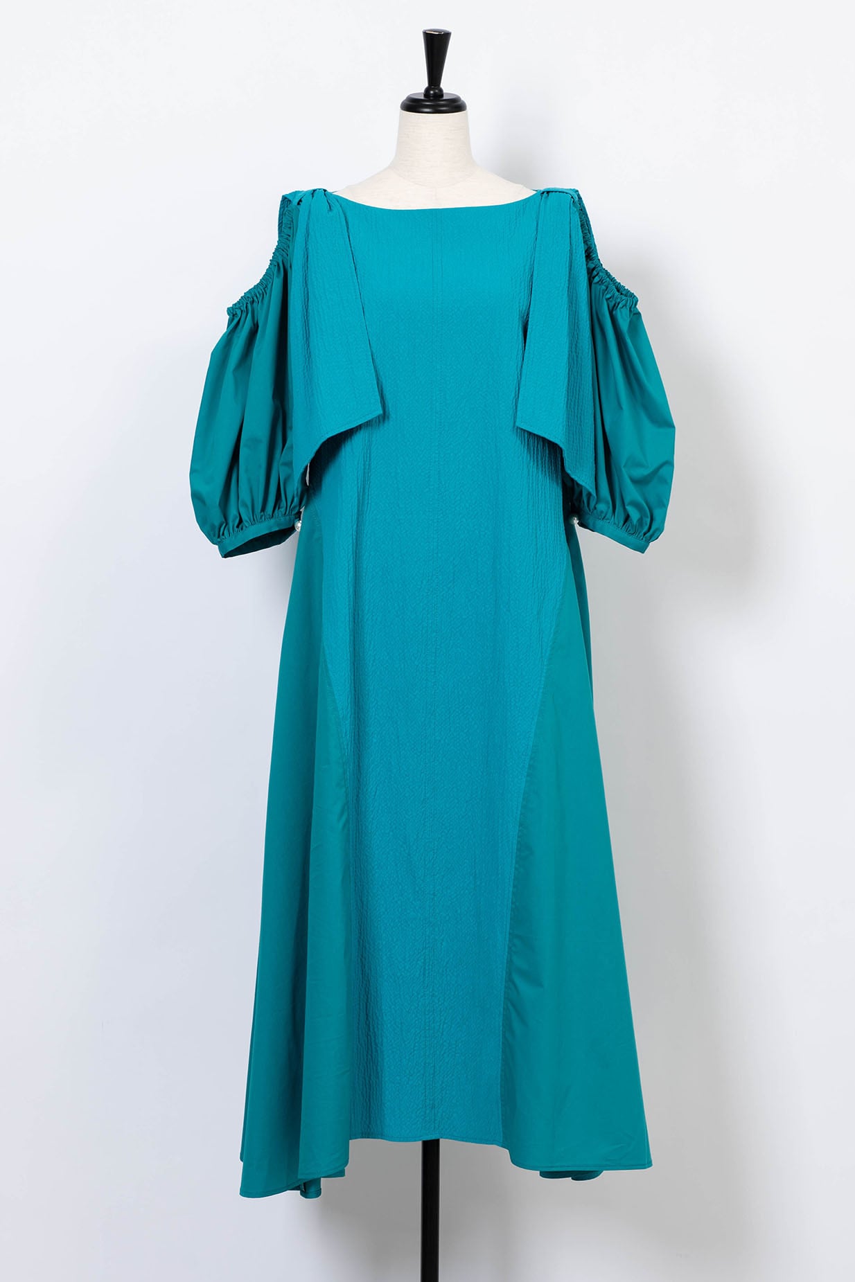 Bumpy Shoulder Ribbon Dress TURQUOISE