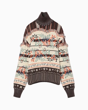 【Mame Kurogouchi】Floral Arabesque High Neck Knit Top -brown