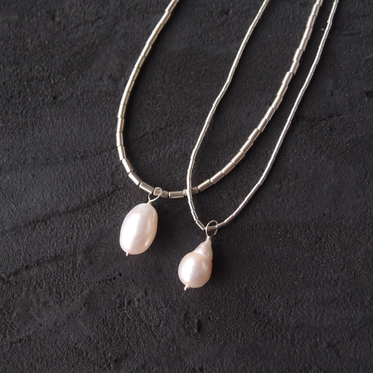 【SV】Hematite × Baroque Pearl Necklace/ヘマタイト×バロックパール ネックレス【M】