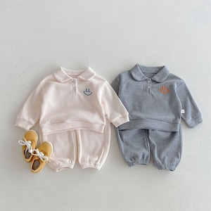 ベビー 秋新作 笑顔柄 ポロ襟 Tシャツ&パンツ セット