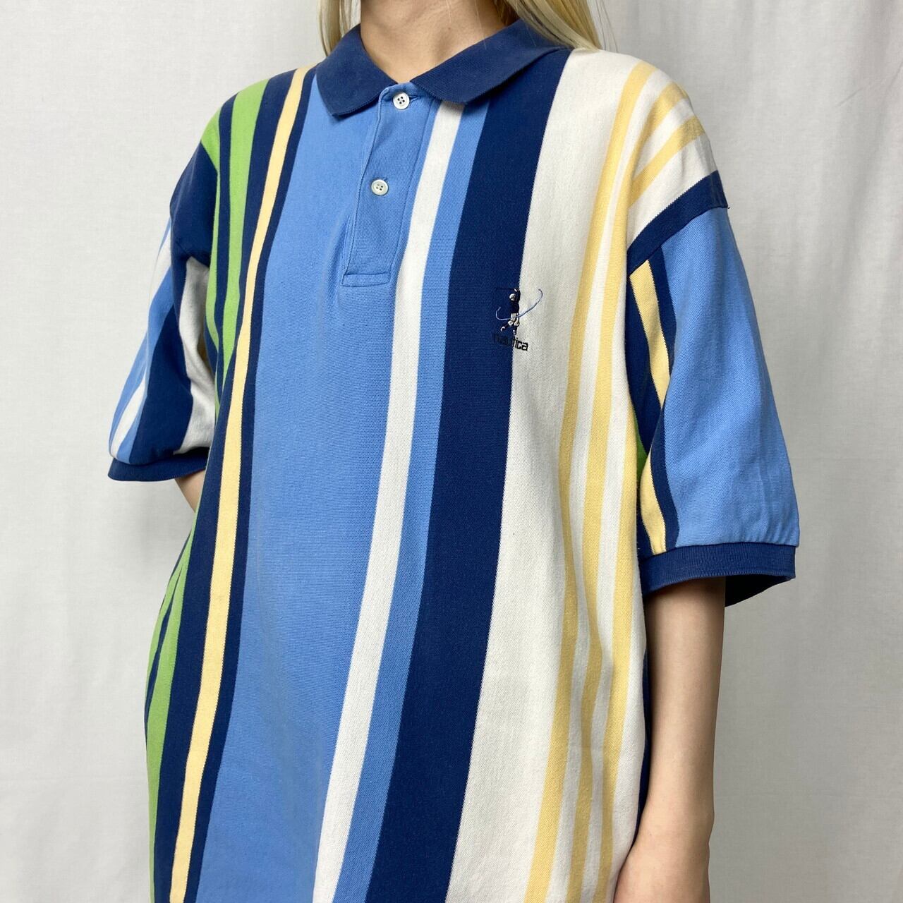 90s ノーティカ マルチボーダー 天竺 ポロシャツ XL NAUTICA