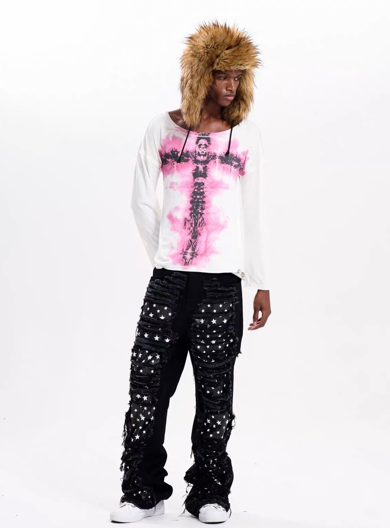 【Fourth3ex】Distressed Star Panel Denim Pants
