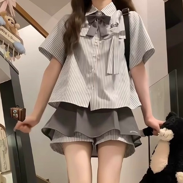 スクールガーリー♡ストライプリボンセットアップ　F0910