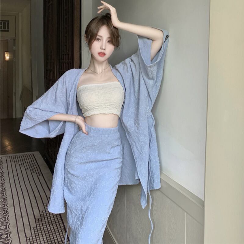 スタンダードルーズブルーカーディガンニットセーター サマーハイウェストウェストスカート ロング レトロ 夏物 YY-ファッション41358110840