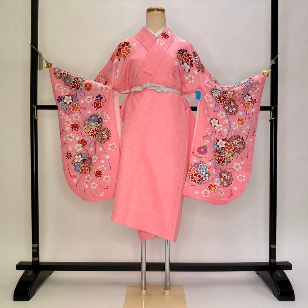 二尺袖 単品 卒業式着物 ピンク 裄70cm LLサイズ 袴用着物 化繊 中古 5816