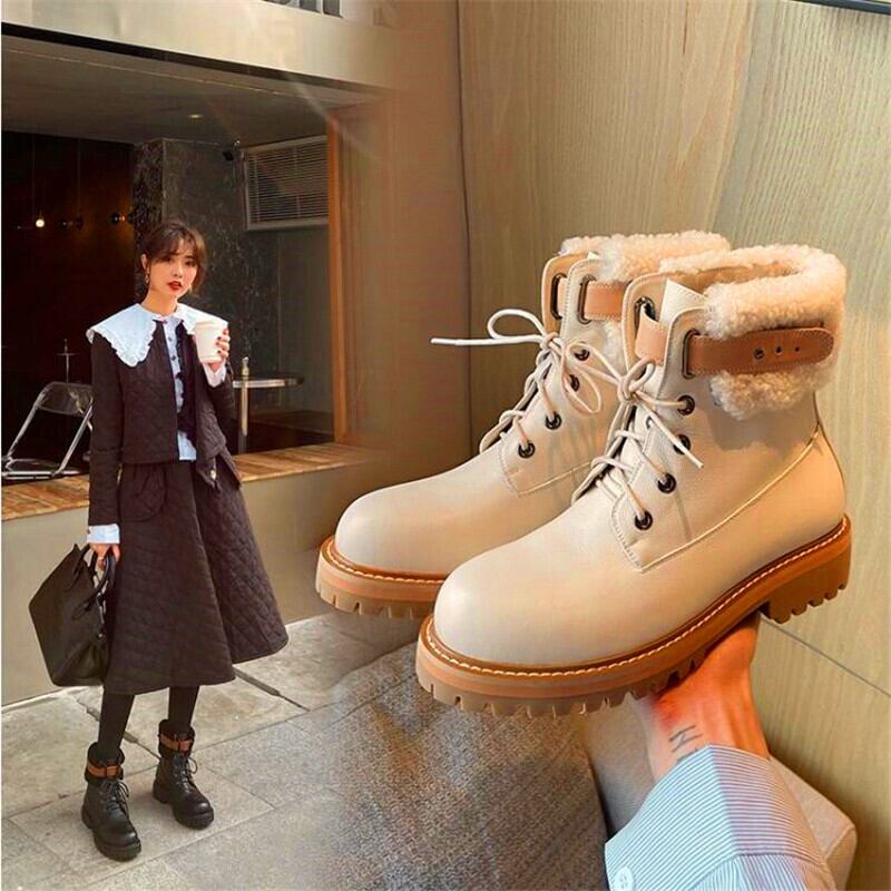 【新作】【送料無料】 冬の女性のハイヒールのブーツは、厚底の毛皮を増やします1つのハイヒールのブーツはつま先のレースアップファッションブーツを丸めます 靴 シューズ ウィンター 冬物 ラウンドトー 10b310391690288