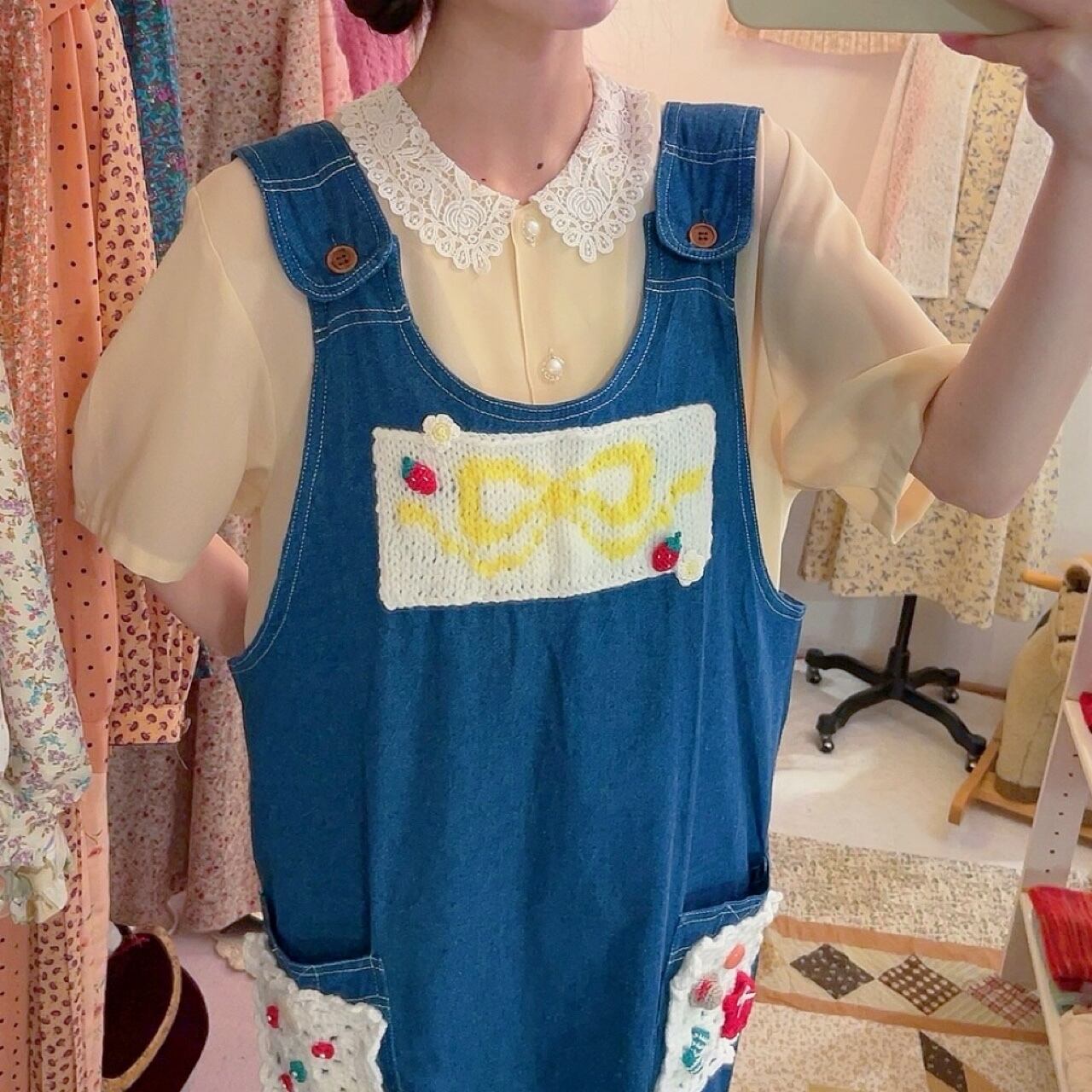 remake ✂︎ yellow ribbon frill pocket jumper skirt