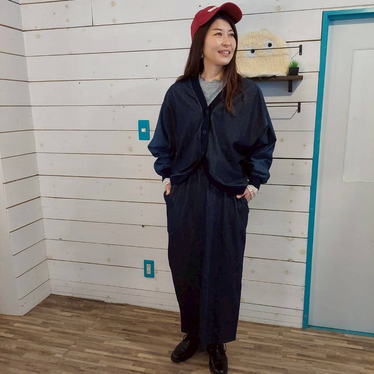 『People's』 2364 ヘリンボーン裏毛ドルマンカーディガン　フリーサイズ　切替　異素材