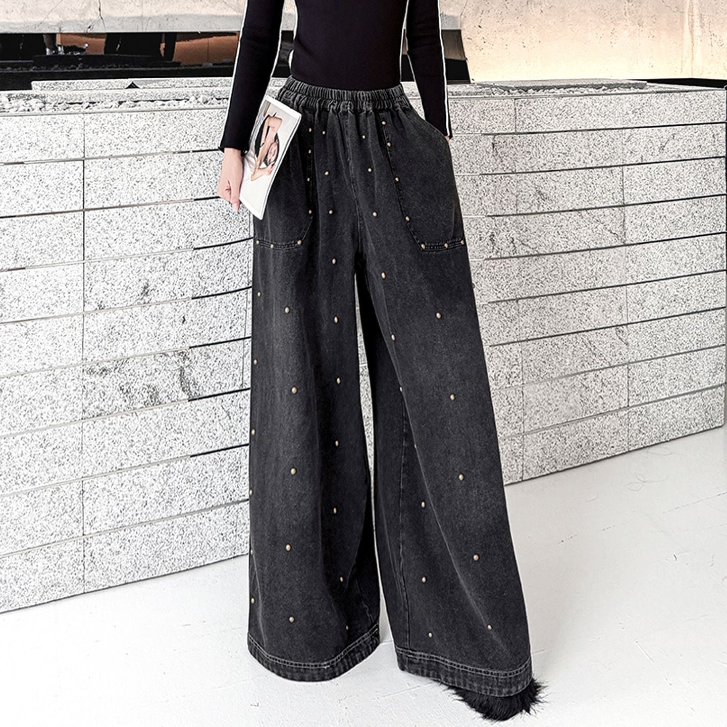 STUDDED STRAIGHT WIDE LEG HIGH WAIST PANTS M-18599