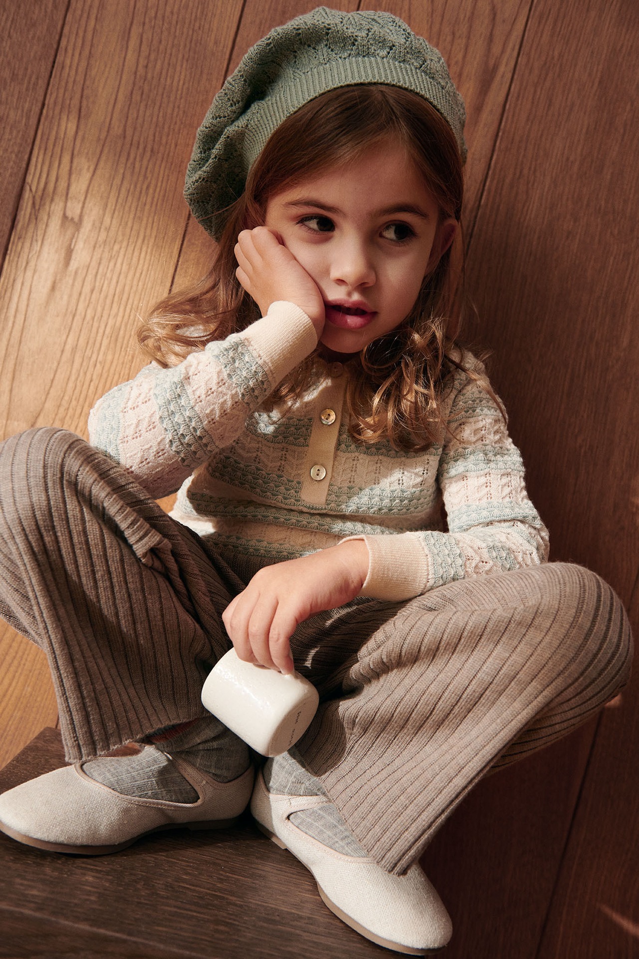 FUB / Pointelle Polo - ecru/misty green