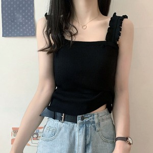 ニット タンクトップ レディース 春夏秋 韓国 インナー トップス 大人 かわいい おしゃれ きれいめ リブニット フリル 重ね着 スクエアネック 大人可愛い 大人女子