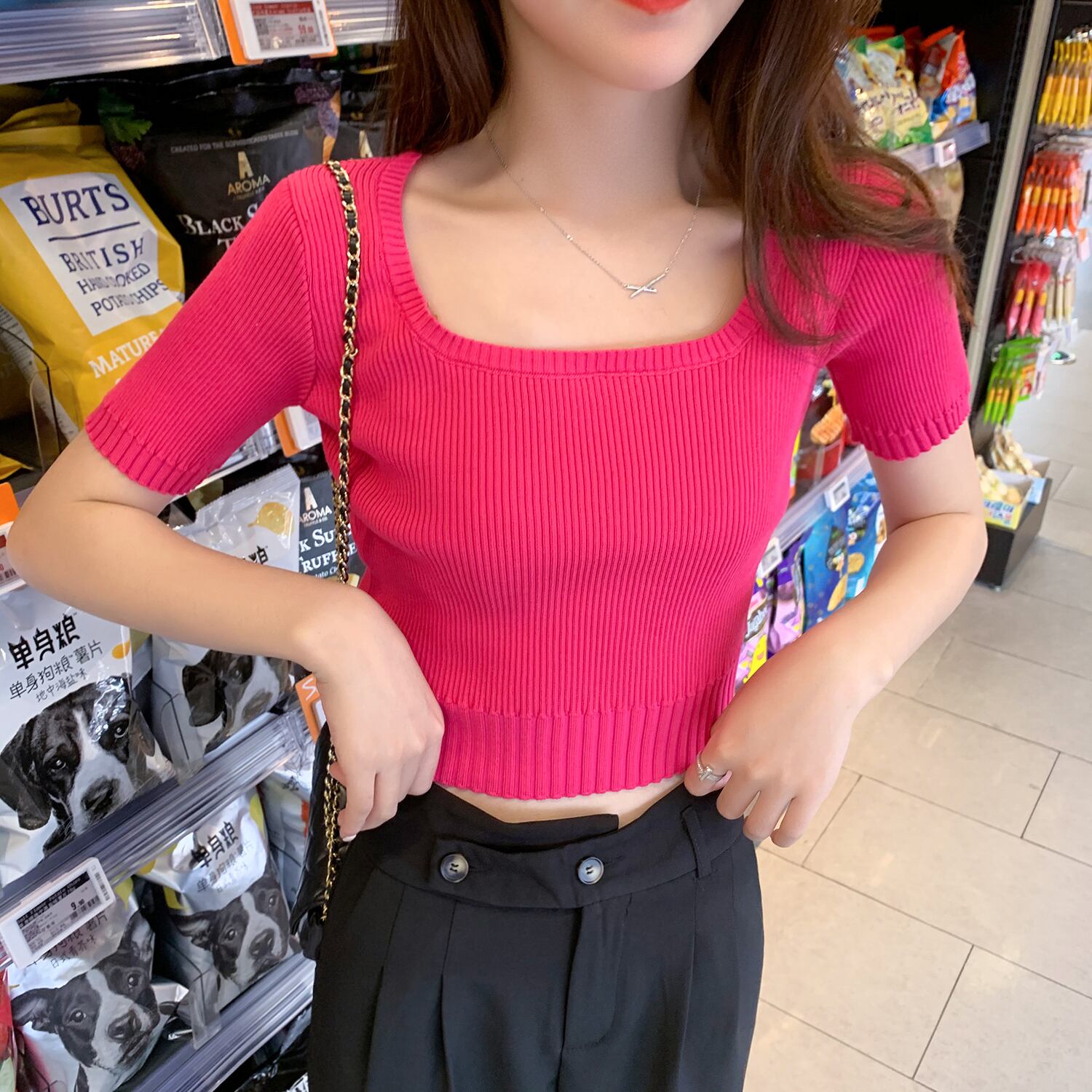 ショートスリム薄手ニットセーター サマートップス 夏物 スクウェア 6Du_Shop_Women76278496468