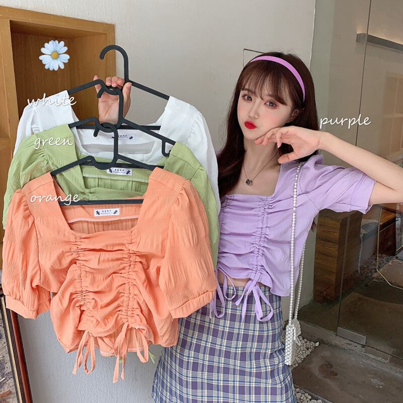 シャツ プリーツブラウス サマーショート レース 夏物 レースアップ スクウェア 萌量不足95695219206