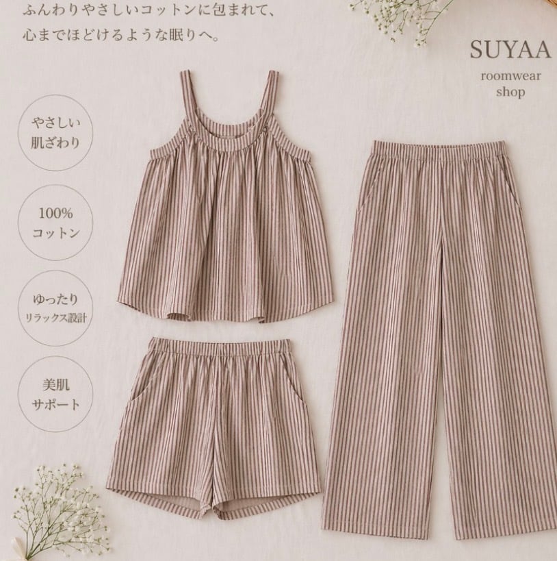 【3set】【M-XL】stripe pattern suspenders+widepants pajamas p1428