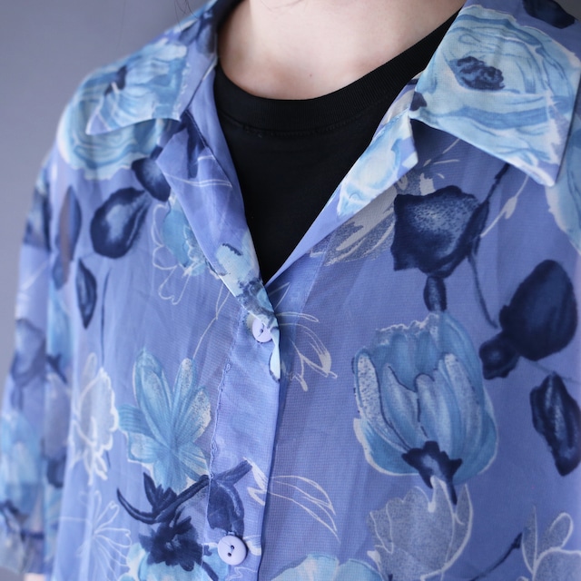 cold color beautiful flower pattern over silhouette h/s see-through shirt