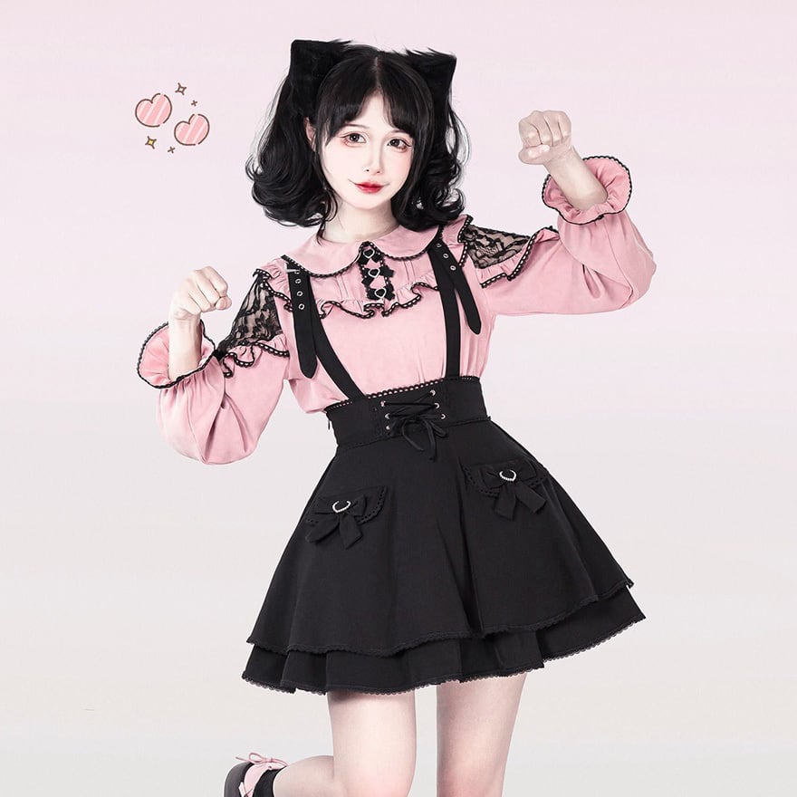 量産型ゴスロリ コルセット風吊りスカート 黒フリル 推し活参戦服