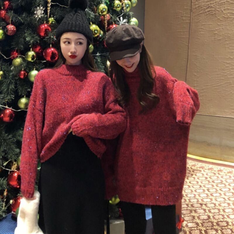 レッドセーター ルーズウィンタースタイルプルオーバー 長袖スリーブトップス ロング 冬物 YY-ファッション23132408709