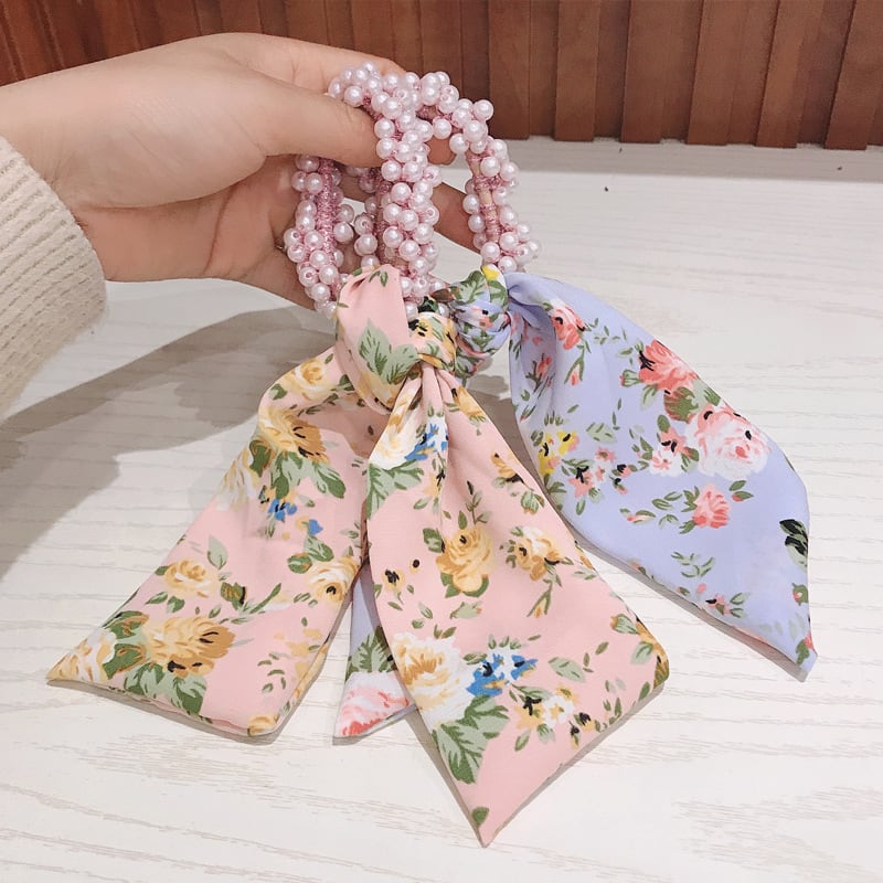 画像残し)リボン シュシュ（花柄）ゴム入れ替え可能