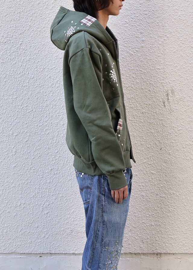 【Hannah Creak/26aw】Studded Hoodie Double Zip khaki