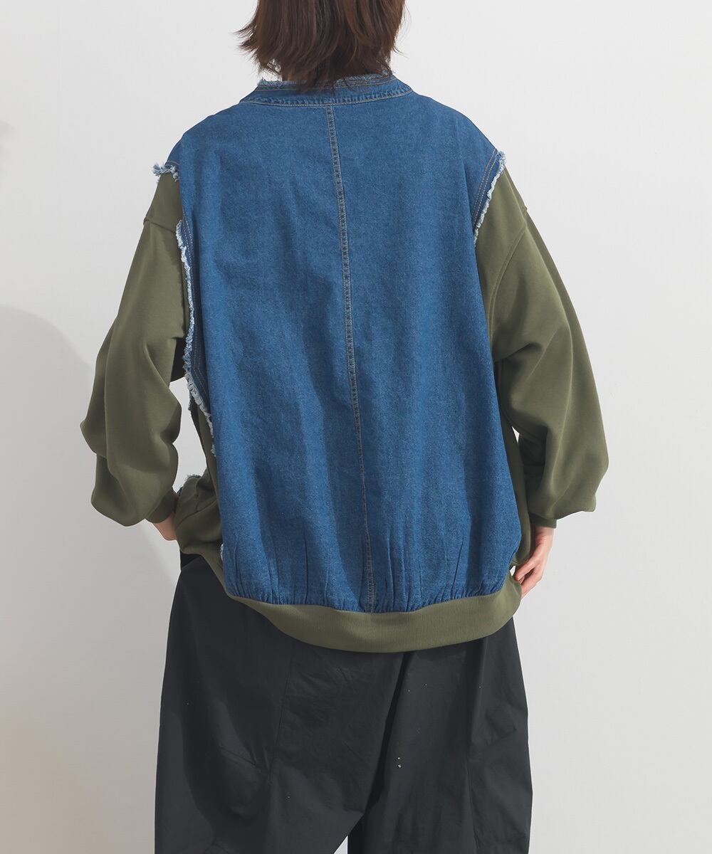 K54028 CT裏毛×8ozデニム異素材リメイク風デニム切替 ブルゾン / CT