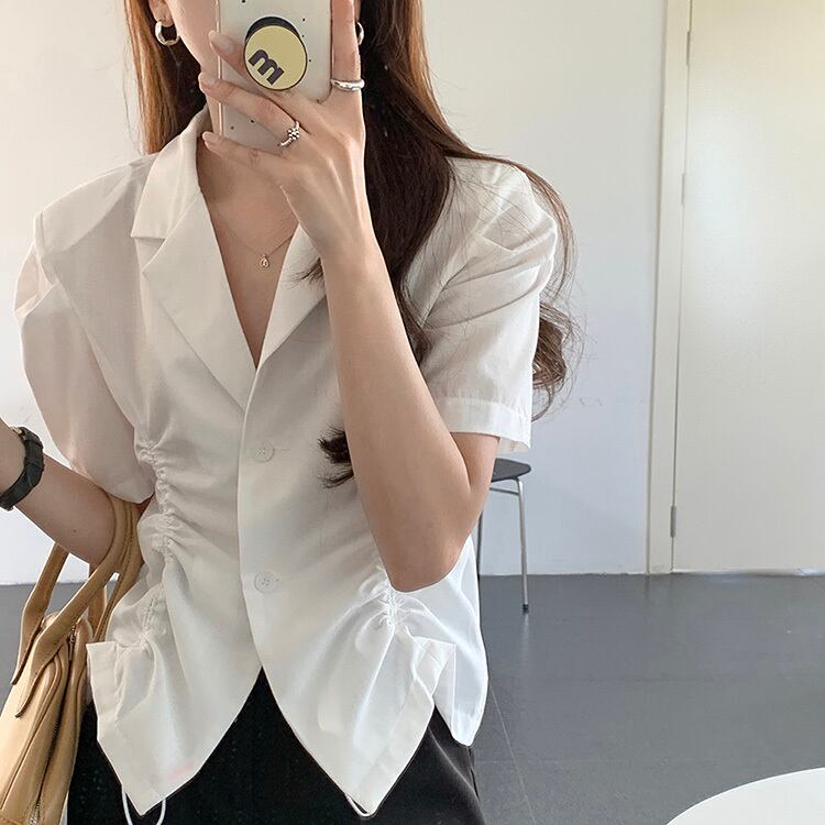 ギャザーシャツ トップス サマーカジュアルカラースリーブスタイル薄手 夏物 ビッグFスモールZ韓国23165904086