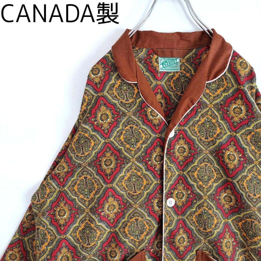 カナダ製 アート ペイズリー柄 総柄パジャマシャツ XL グリーン 緑