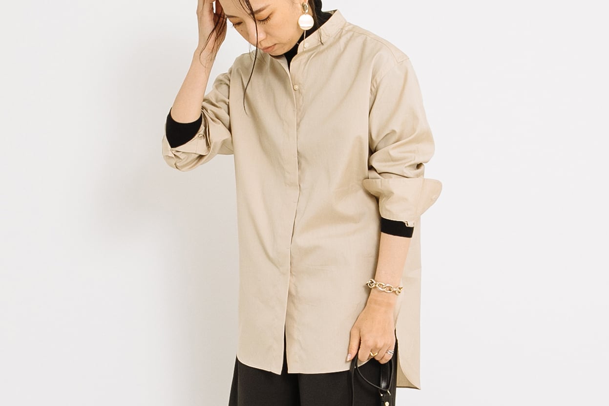 ハイカウントブロード - バンドカラー比翼シャツ