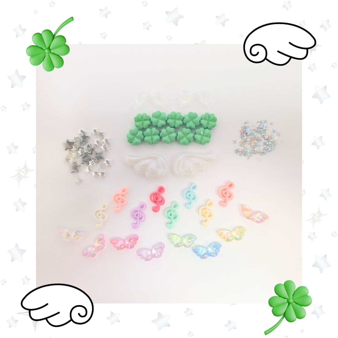 ウィッシュコアパーツ7点セット ホイップデコ トレカデコ レジンデコ パーツ パーツ素材 天使の羽 ト音記号 音符 星 クローバー