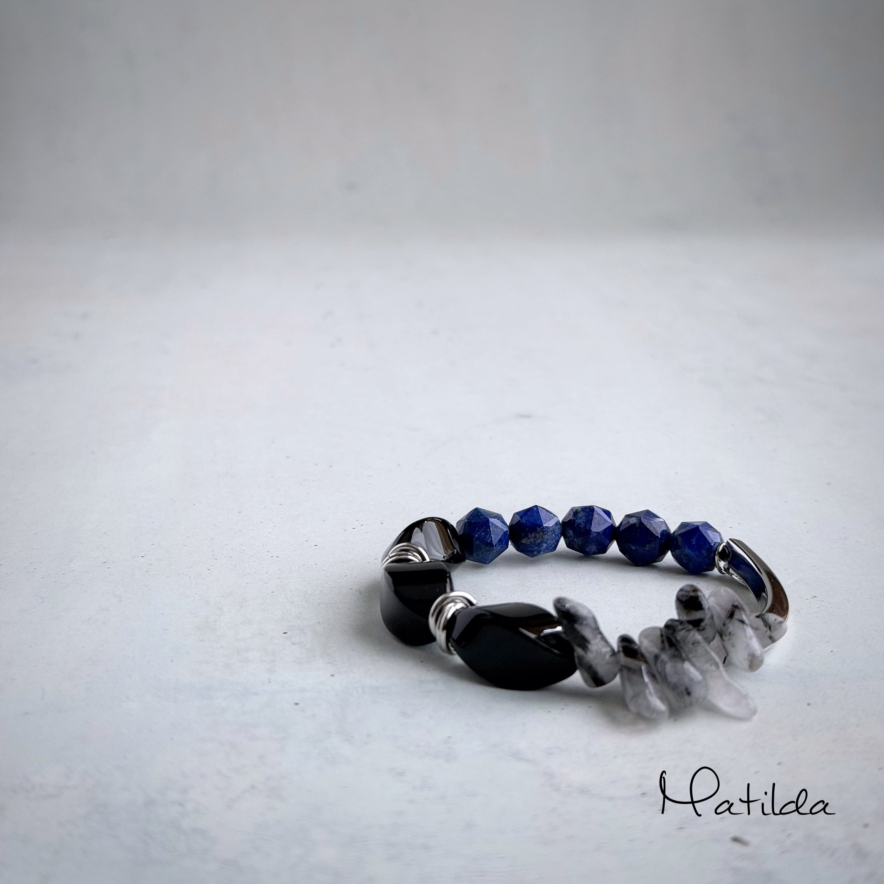 Tube & stone bracelet(オニキス×ラピスラズリ×ブラックルチルクォーツ)