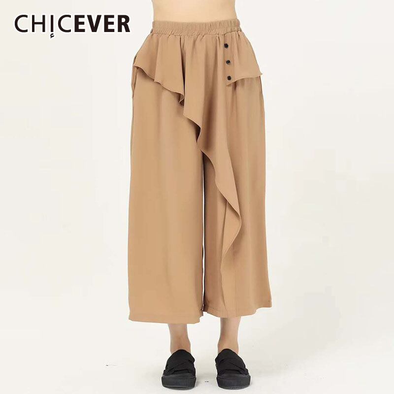 CHICEVERパッチワークフリルパンツレディースウエストポケットオーバーサイズルーズワイドレッグパンツ2020服 ワイドパンツ 6base535349059363