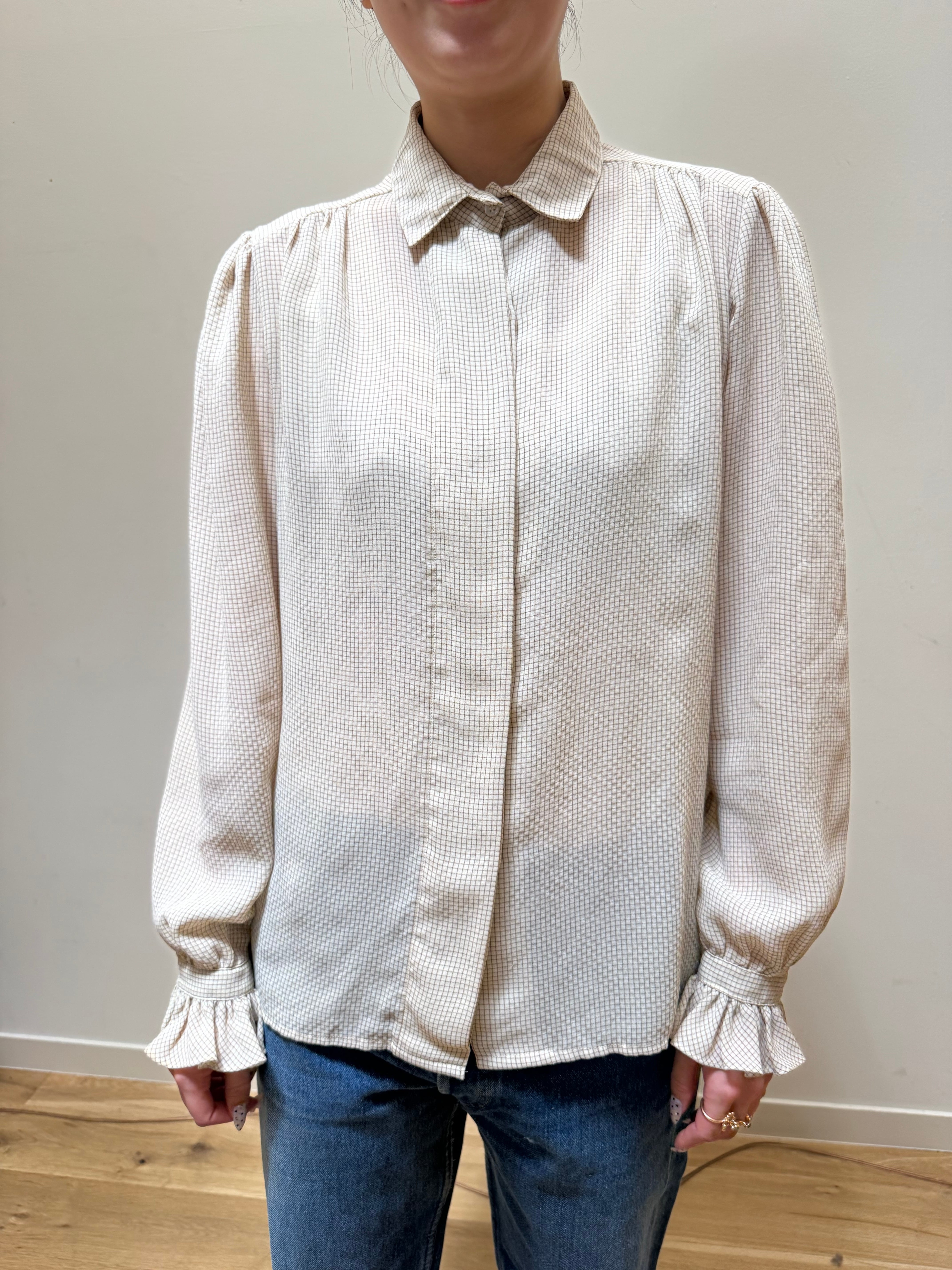 BL5-3 USED CHECK FRILL BLOUSE-BEIGE-✳︎