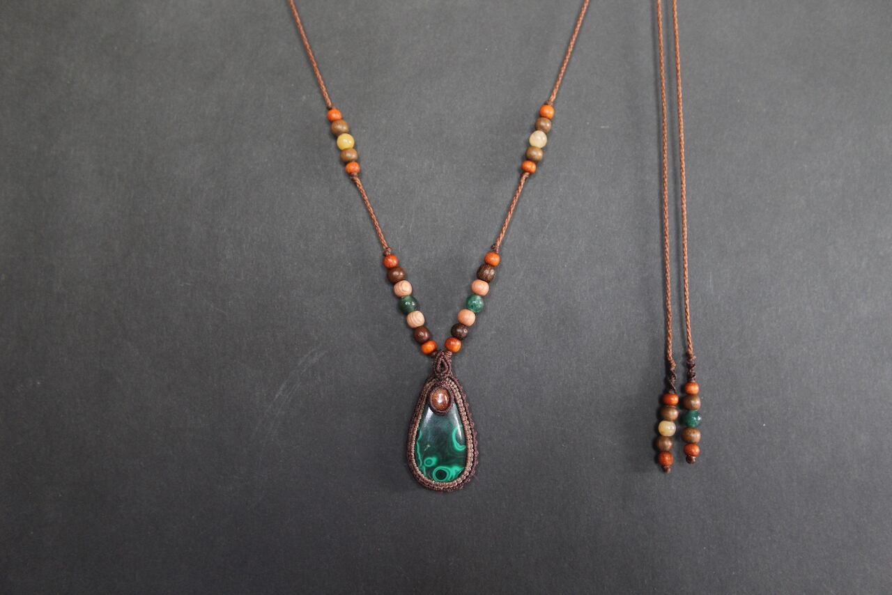 Malachite & Sunstone micro macrame woody pendant