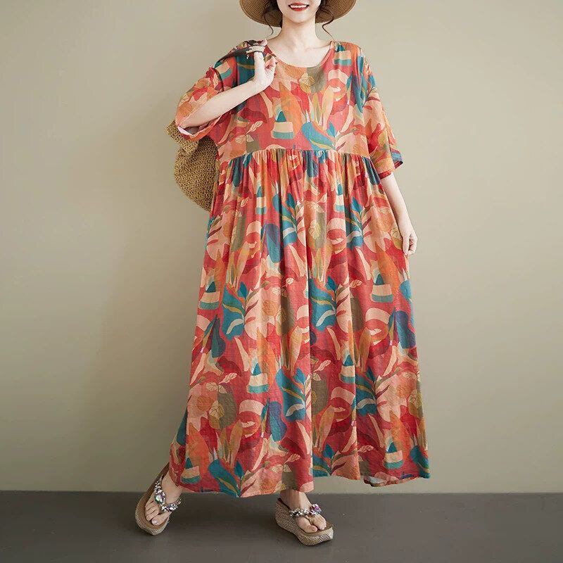 BOTANICAL PRINT BOAT NECK 3/4 SLEEVES A-LINE MAXI DRESS 1color M-16206