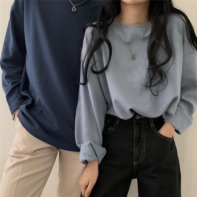 オータムルーズソリッド カラーTシャツ トップス レディース ロング 秋物 ソリッドカラー YY-ファッション19055099735