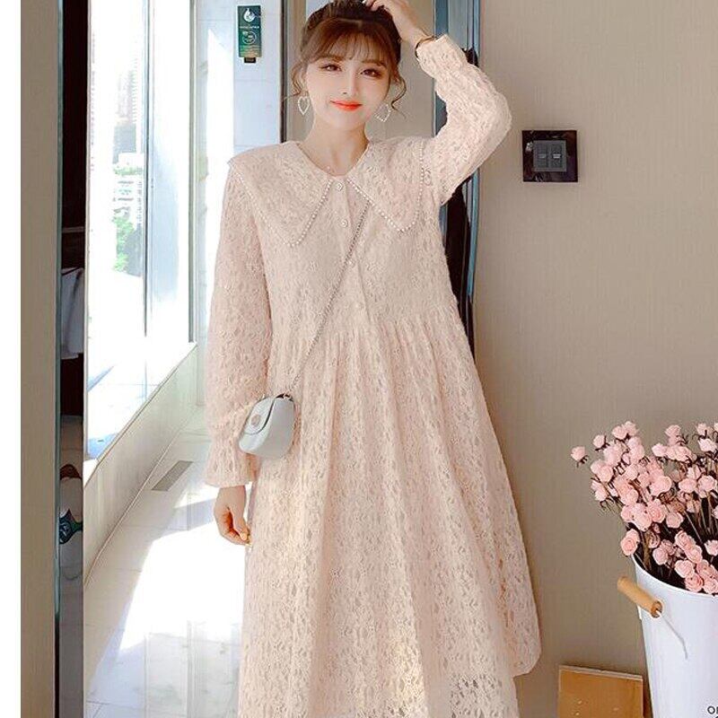 【新作】【送料無料】 マタニティ春ロングレースドレスビーズピーターパンカラーロングフレアスリーブウエストスウィートコットンドレス妊婦ドレス 大人ガーリー キュート カジュアル スプリング 春物 AL expec353793870574