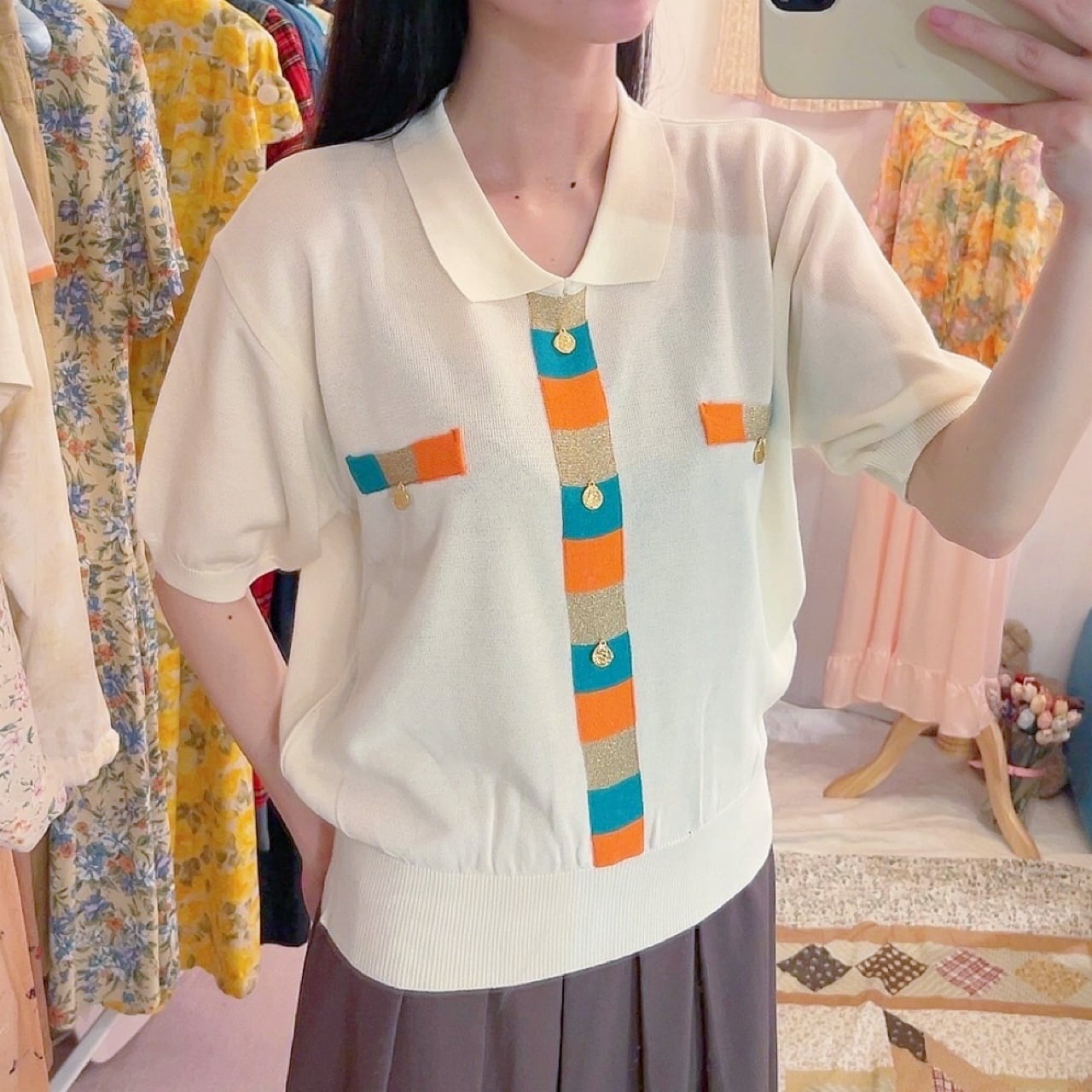 color block coin charm polo knit