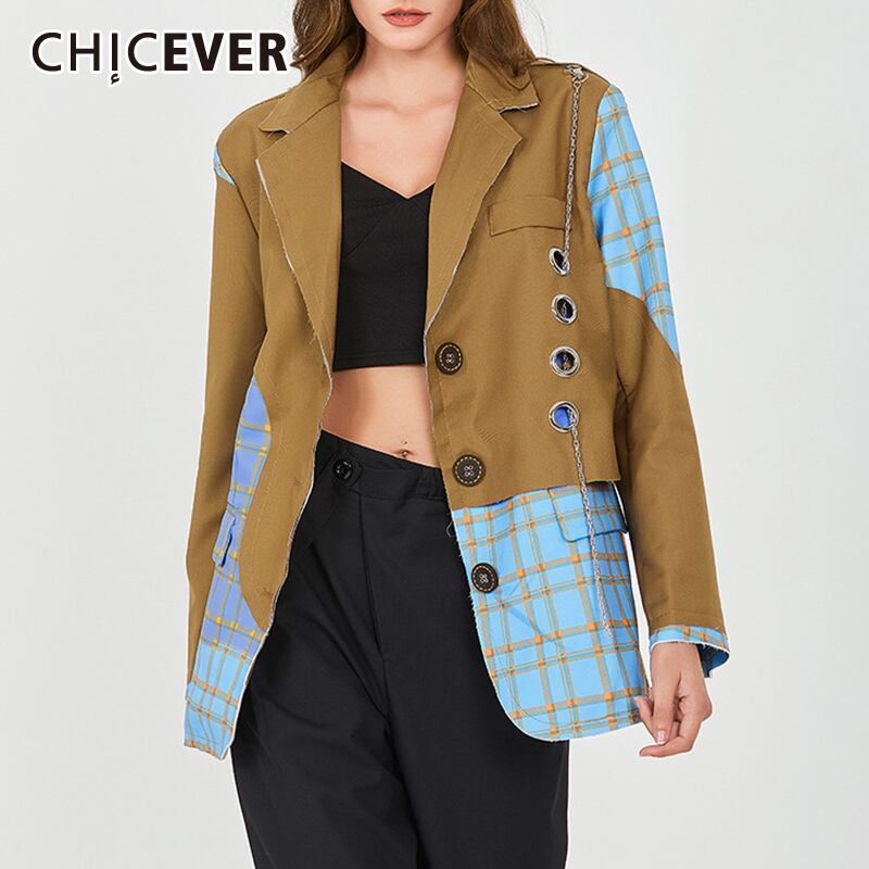 CHICEVERチェック柄ブレザーレディースノッチカラー長袖パッチワークヒットカラープラスサイズポケットコート2021洋服タイド ロング 大きめサイズ 6base566642082426