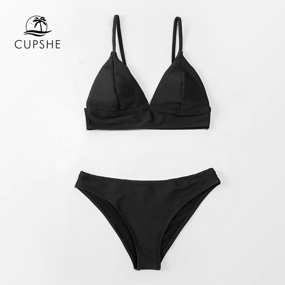 送料無料 CUPSHEリブ付きブラックトライアングルビキニセット水着女性