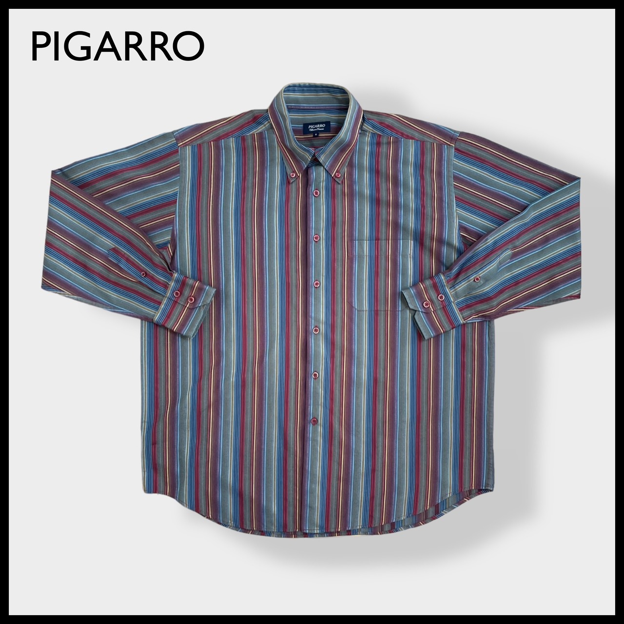 【PIGARRO】ストライプシャツ マルチカラー 長袖シャツ コットン ボタンダウン カジュアルシャツ XL相当 ビッグシルエット 古着