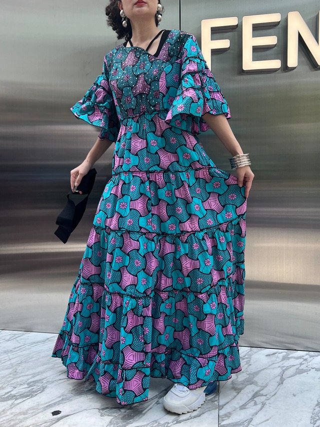 Vintage african batik turquoise × pink × black cotton dress