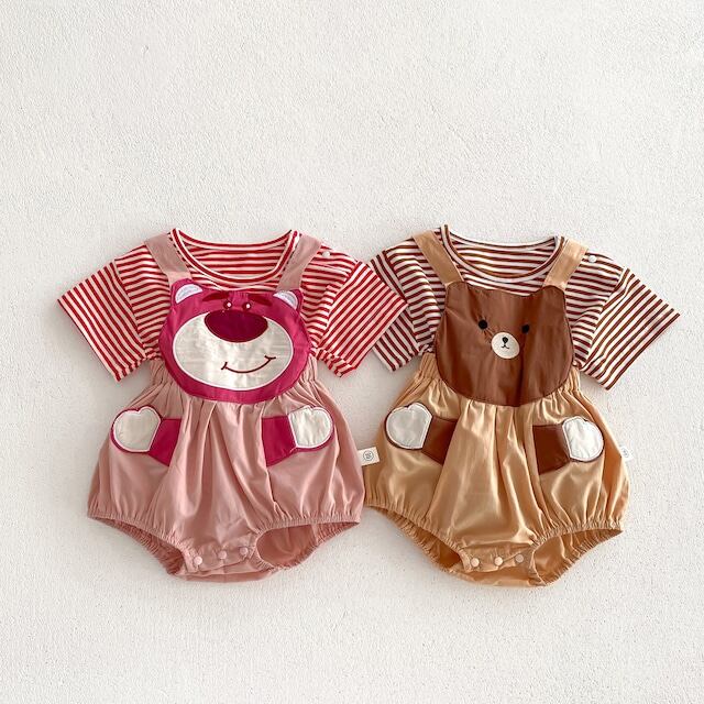 【2点セット】夏新作 可愛いクマサロペット&ボーダーTシャツ