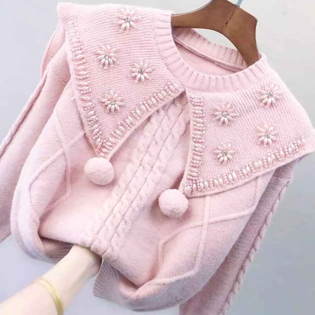 長袖ビーズフラワーニット【2色】