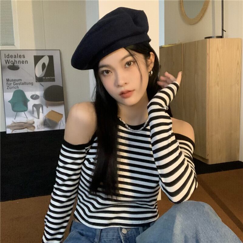 ストライプストラップレスホルタースリム薄手長袖スリーブショートトップス Tシャツ ロング ドラファッションホール74294079553