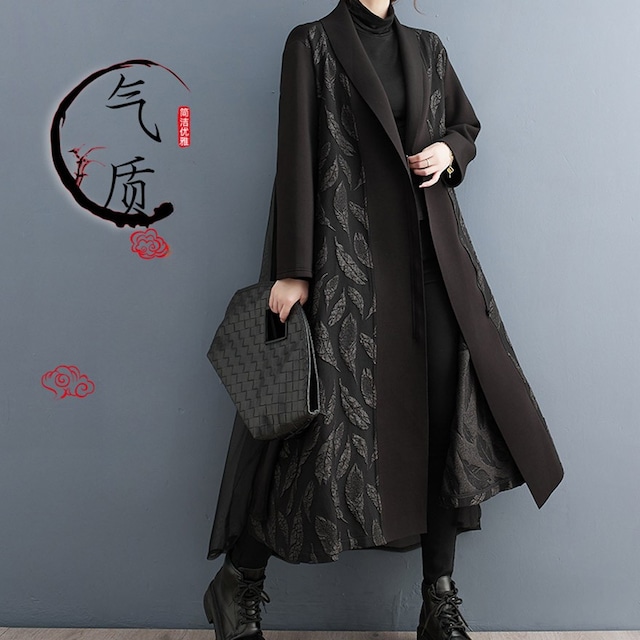 【ゴシックモード】透け感を楽しむ 漆黒のリーフ柄レース ロングシアーコート