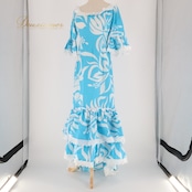 フラダンス 衣装 ワンピース ドレス タリーズポリネシア ブルー系 TALI’S POLYNESIA ハワイ製 アシンメトリー フリル かわいい 華やか 鮮やか 明るい ゴージャス 水色 白 ハワイアン アロハ ハワイアンプリント フラ ダンス レッスン 練習