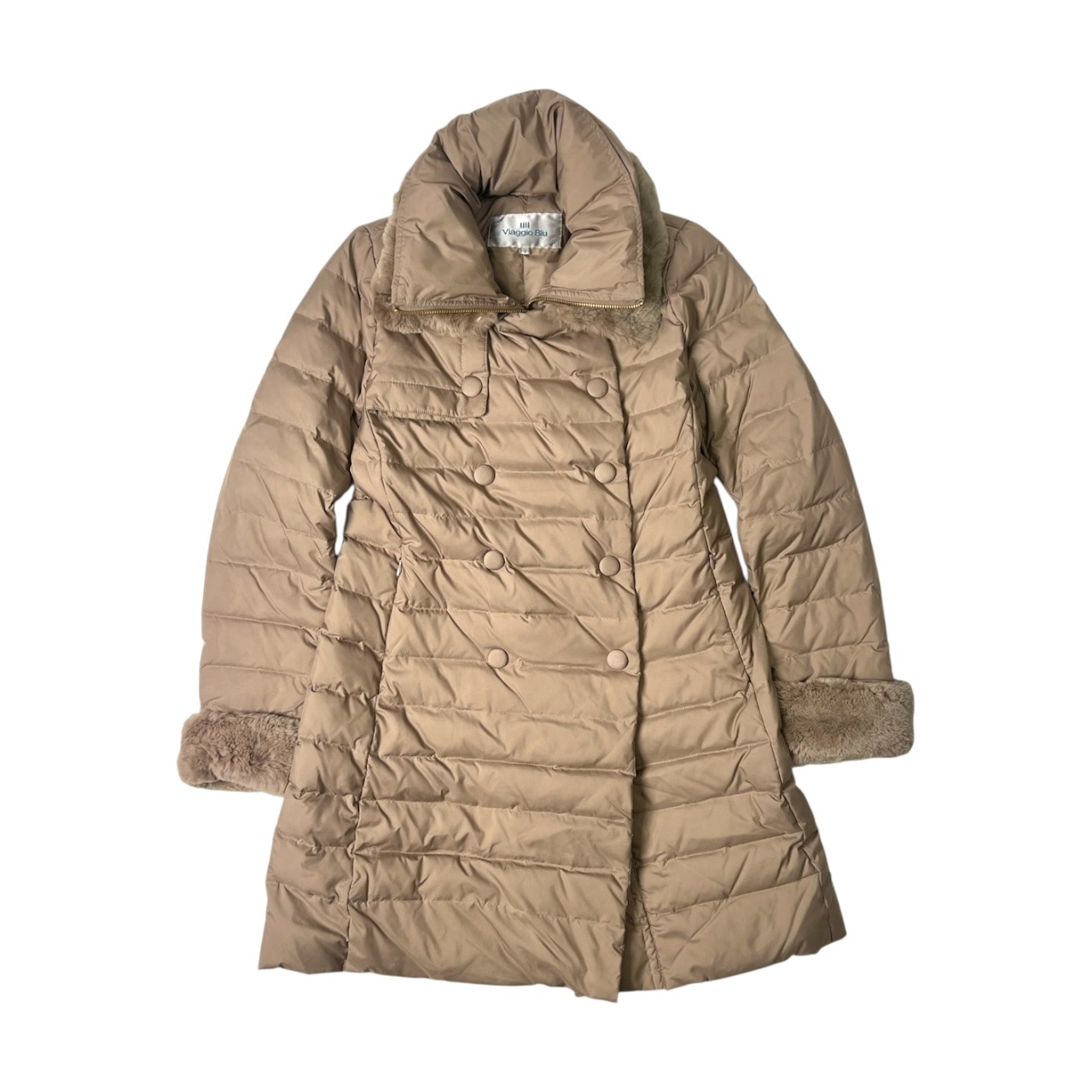Viaggio Blu ビアッジョブルー ラビットファー付き Aライン ダブル ジップアップ ダウンコート 1/くすみベージュ