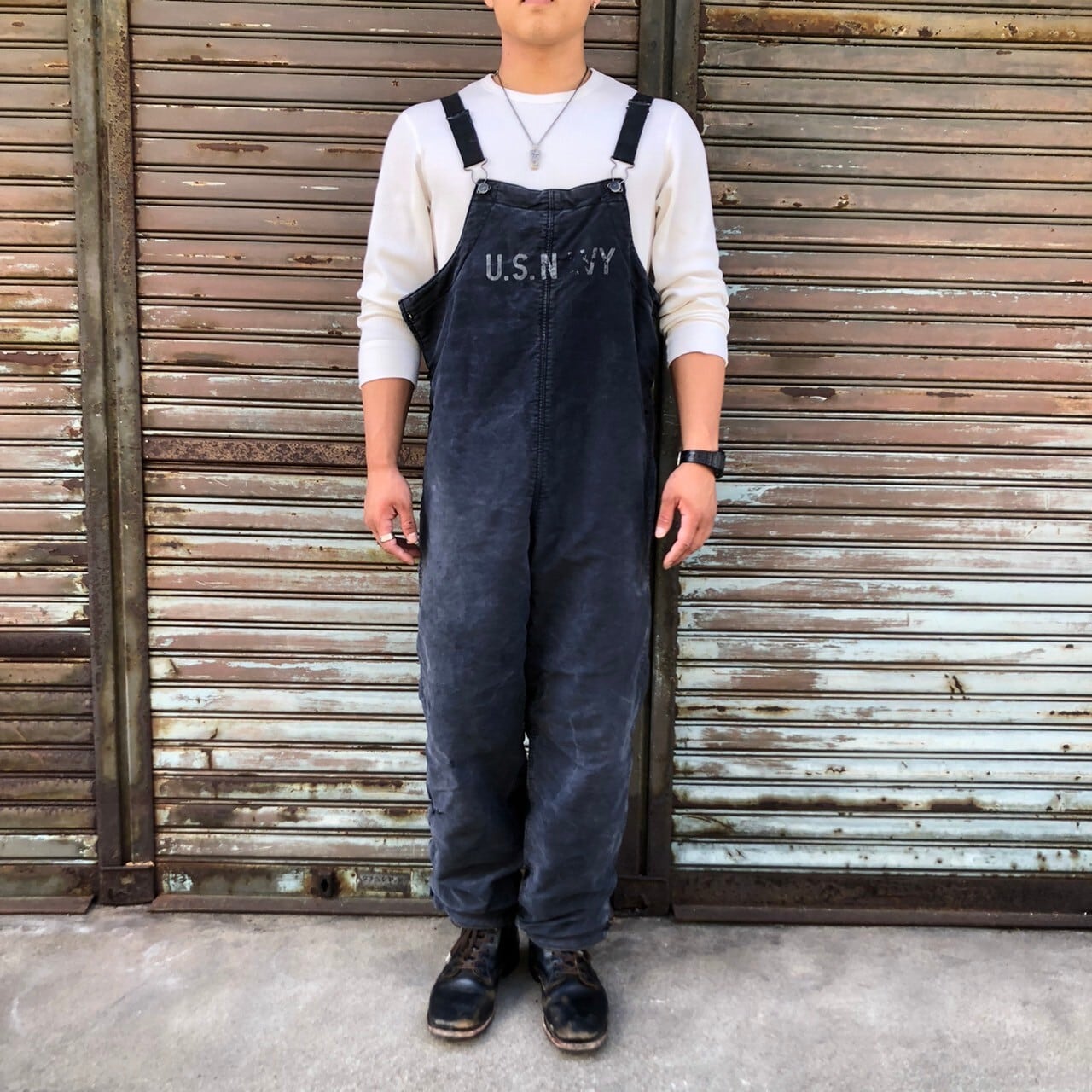 希少 40s 米軍 実物 デッキパンツ フック型 USN オーバーオール L 