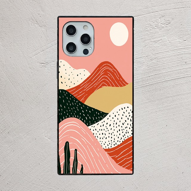 受注生産 iPhoneケース ピンク背景の山とドット抽象｜レトロウェーブ CURV015C