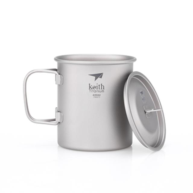 Keith チタンシングルウォールマグカップ　400ml （蓋付き） Single-Wall Titanium Mug with Folding Handle and Lid  Ti3203